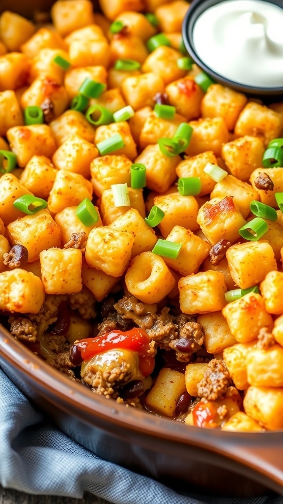 A hearty taco tater tots casserole with crispy tater tots, ground beef, cheese, and garnished with green onions.